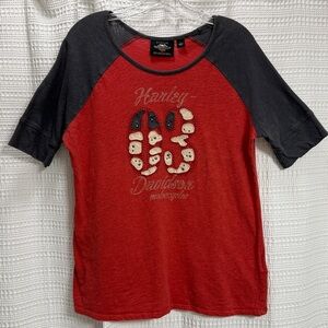 Harley-Davidson VTG Orange/Black Raglan Tee 2003 embellished studs Women’s SZ L